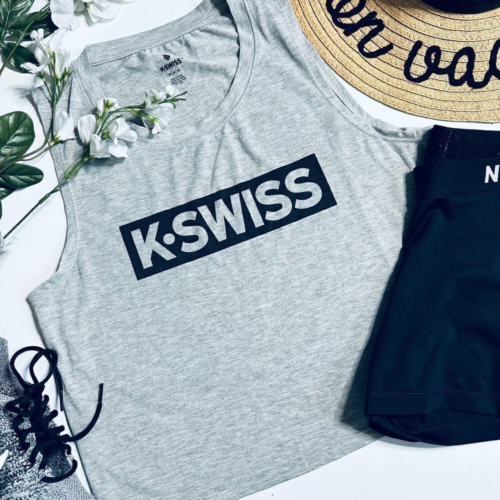 K-Swiss heather gray/black write out logo backspin crop tank top
